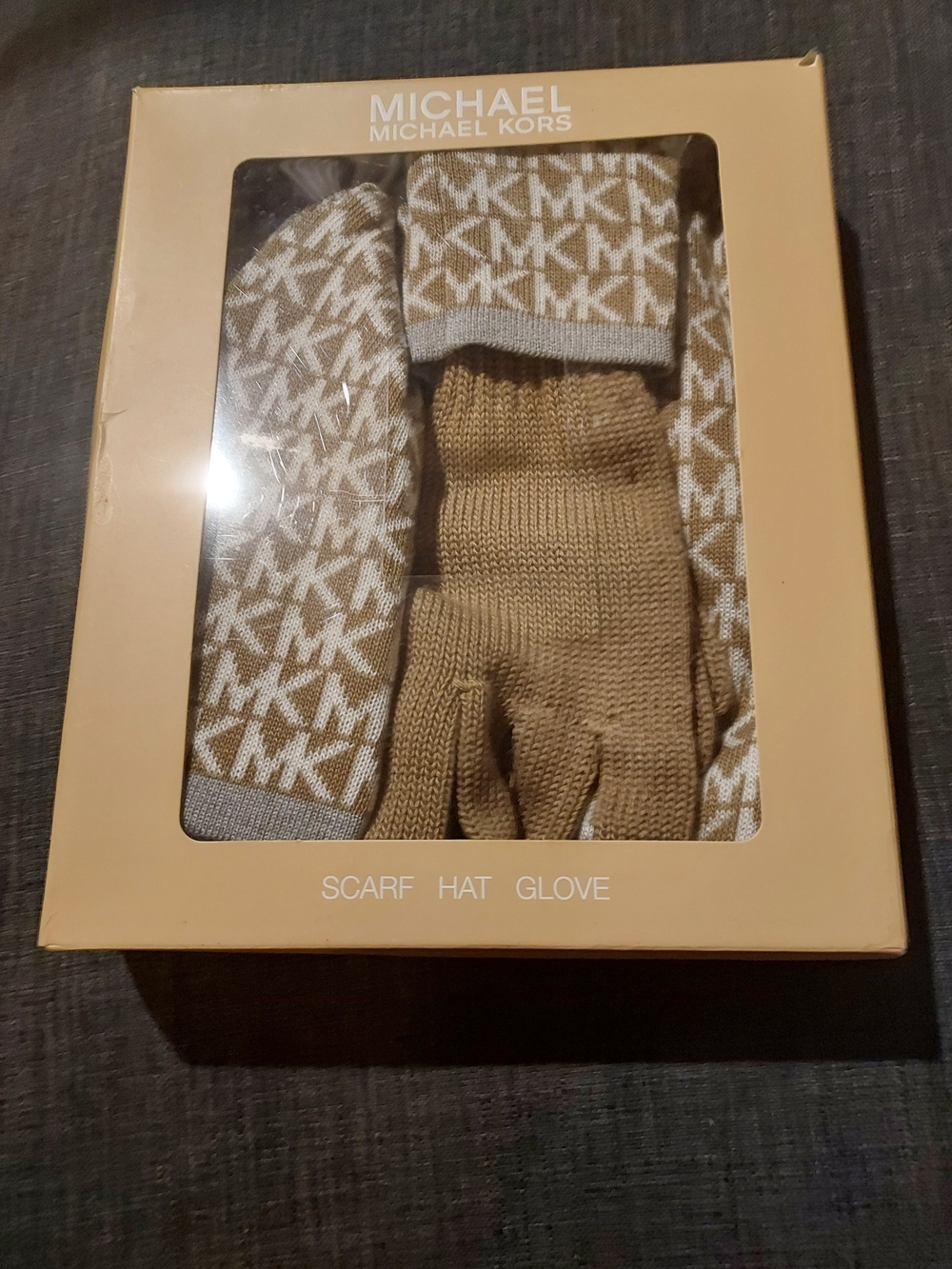 Michael Kors Tan & Cream Logo Hat, Scart & Glove Set